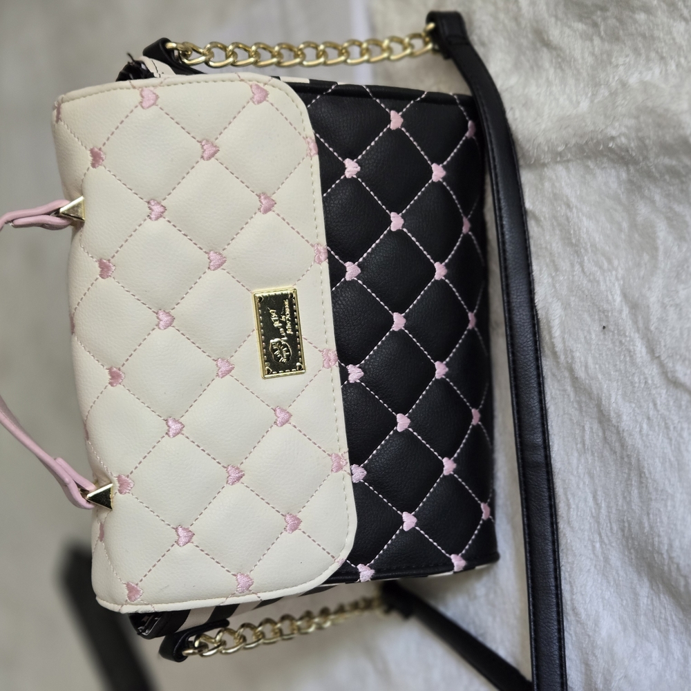 Betsey Johnson Black and Cream Quilted Crossbody Bags with Gold Accents